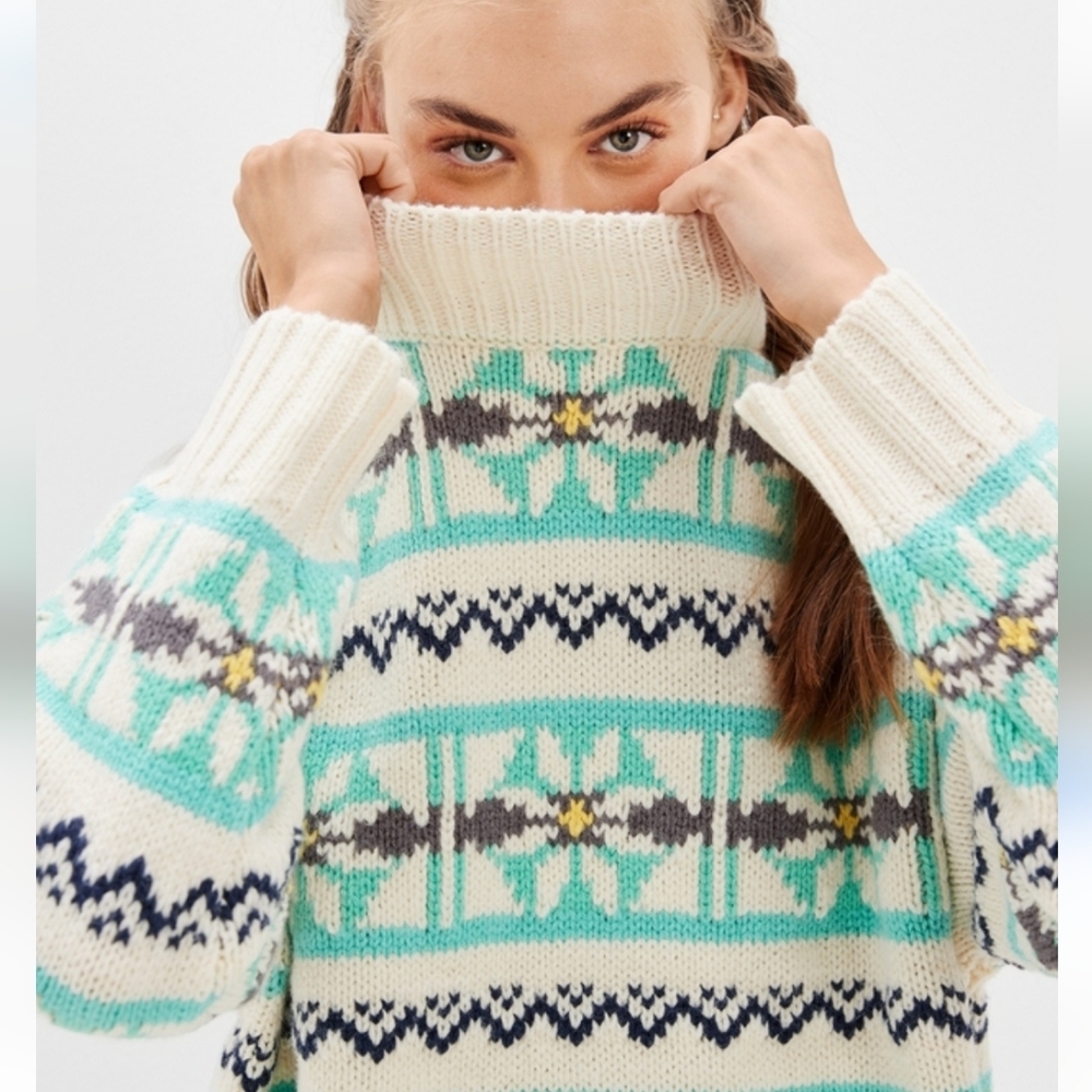 American Eagle Outfitters Cream Oversized Fairisle Mock Neck Sweater Sz XS New